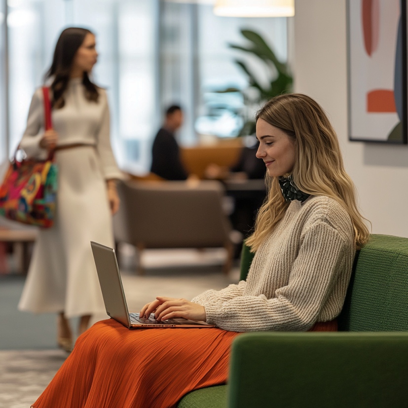 Een vrouw is aan het werk op een bank.