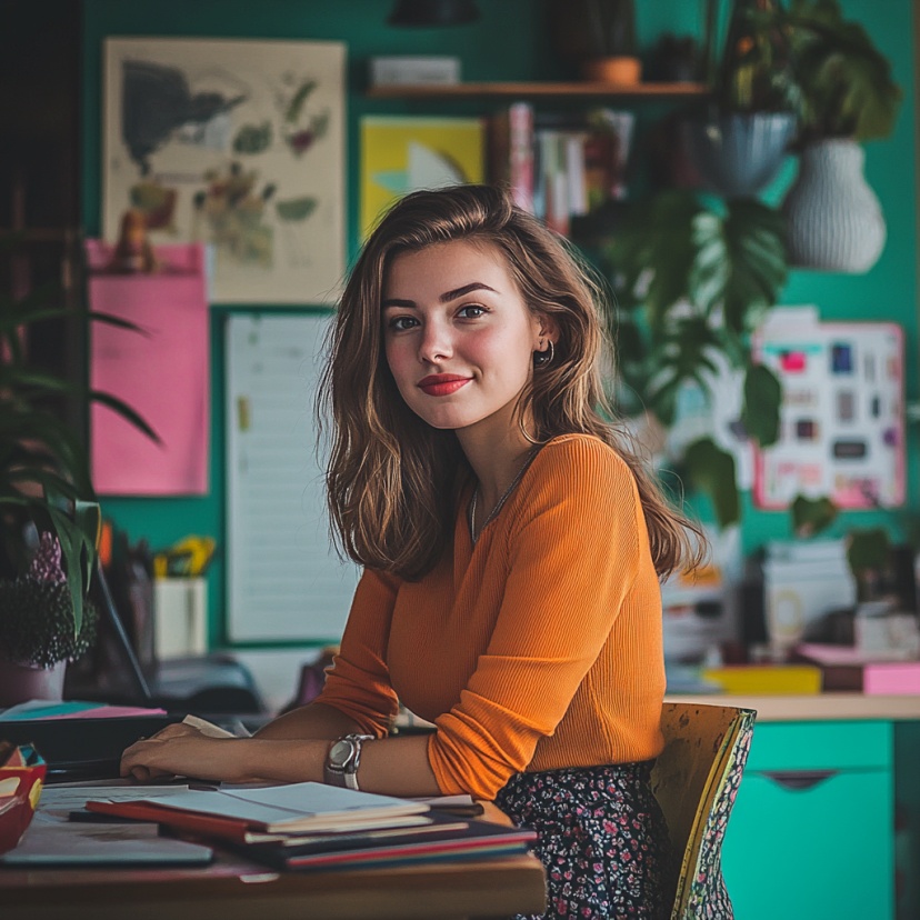 Een vrouw werkt op een kleurrijk kantoor.